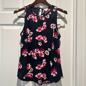 J. Crew Women's 6 Navy Blue Floral Sleeveless Flowy Blouse Button Back Keyhole